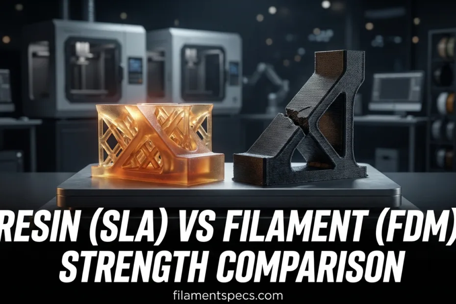 Close-up of a 3D printed resin model and a filament printed part side by side for strength comparison.