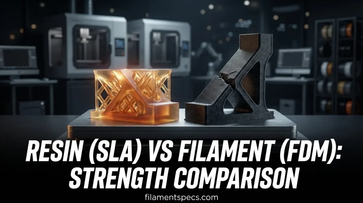 Close-up of a 3D printed resin model and a filament printed part side by side for strength comparison.