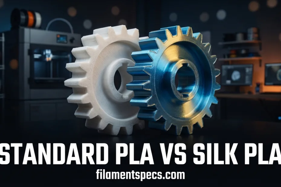 Close-up of a gear and a filament spool used in 3D printing with Standard PLA and Silk PLA.