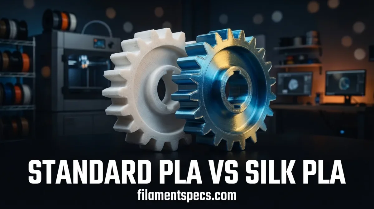 Close-up of a gear and a filament spool used in 3D printing with Standard PLA and Silk PLA.