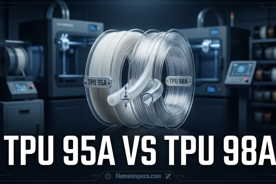 Two transparent TPU filaments labeled TPU 95A and TPU 98A sit side by side in a 3D printer.