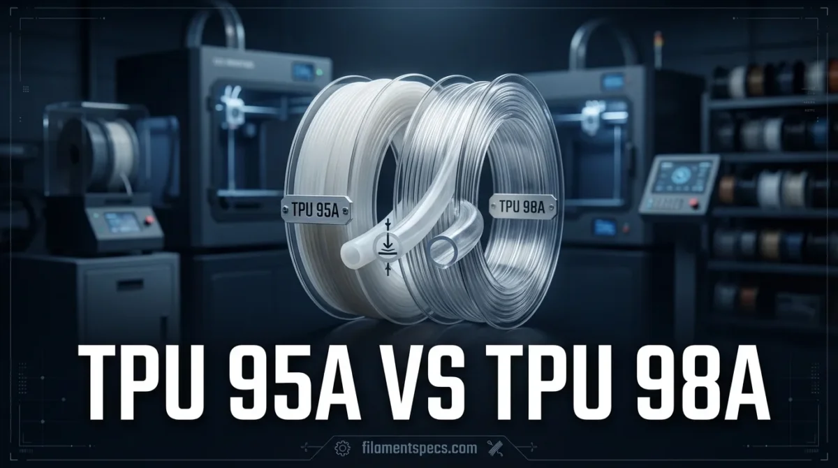 Two transparent TPU filaments labeled TPU 95A and TPU 98A sit side by side in a 3D printer.