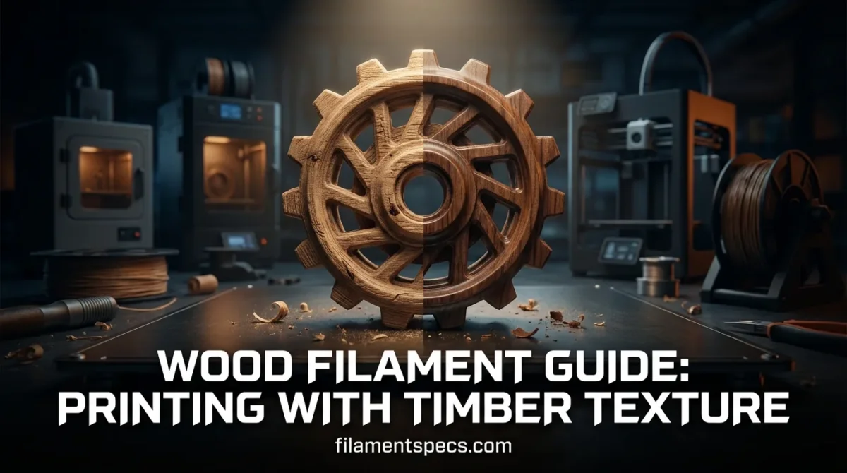 A wooden gear and a 3D printer part made with wood filament showing timber texture