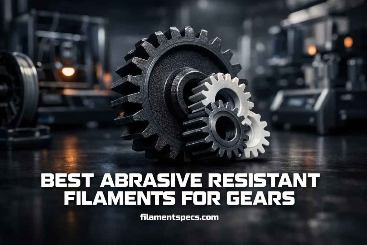 Close-up of black gears printed with abrasion resistant filament on a 3D printer bed.