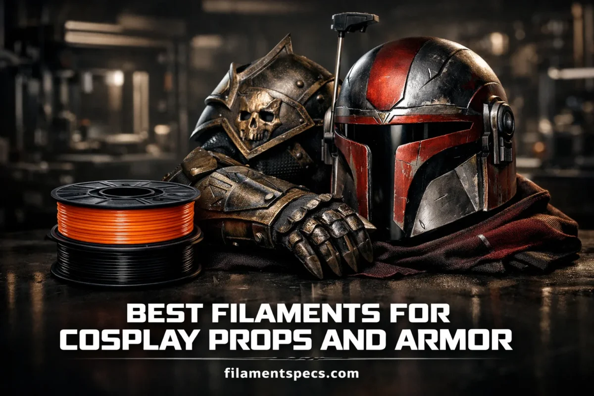 A close-up of vibrant red and black filament spools used for creating cosplay props and armor.