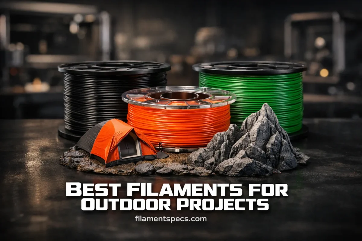 Spools of colorful outdoor filament stacked outdoors next to a 3D printer
