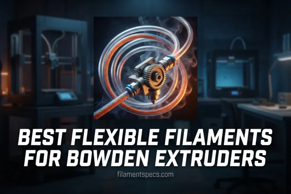 Flexible filament spool shown loaded into a 3D printer with a clear filament path.