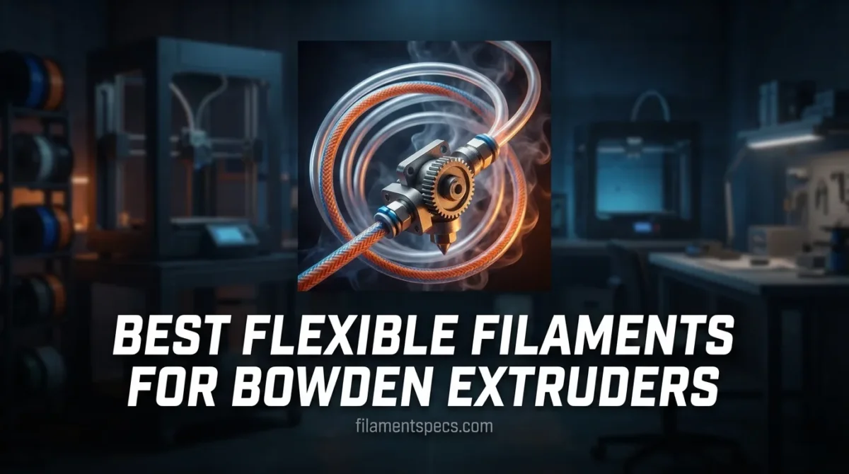 Flexible filament spool shown loaded into a 3D printer with a clear filament path.