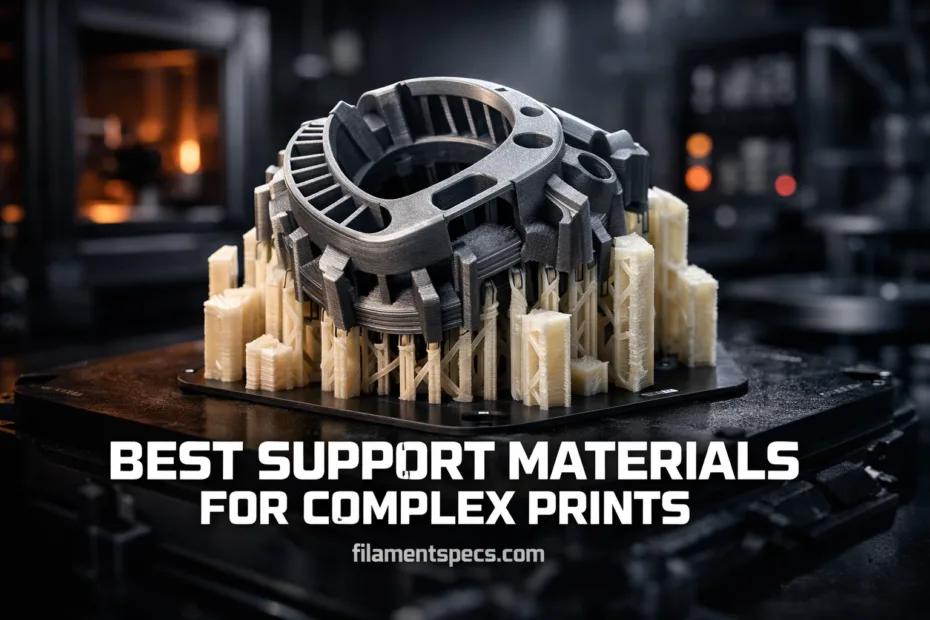 Close-up of a complex 3D print supported by a spool of support filament with intricate structures around it.