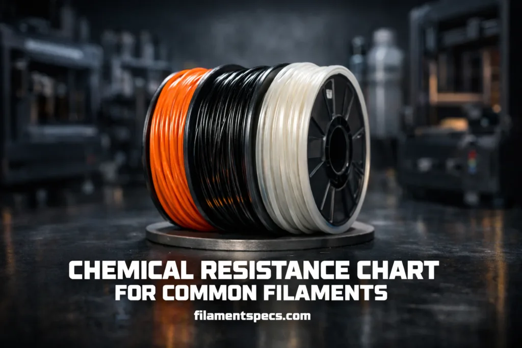 Chemical resistance chart for common filaments showing colorful filament spools.