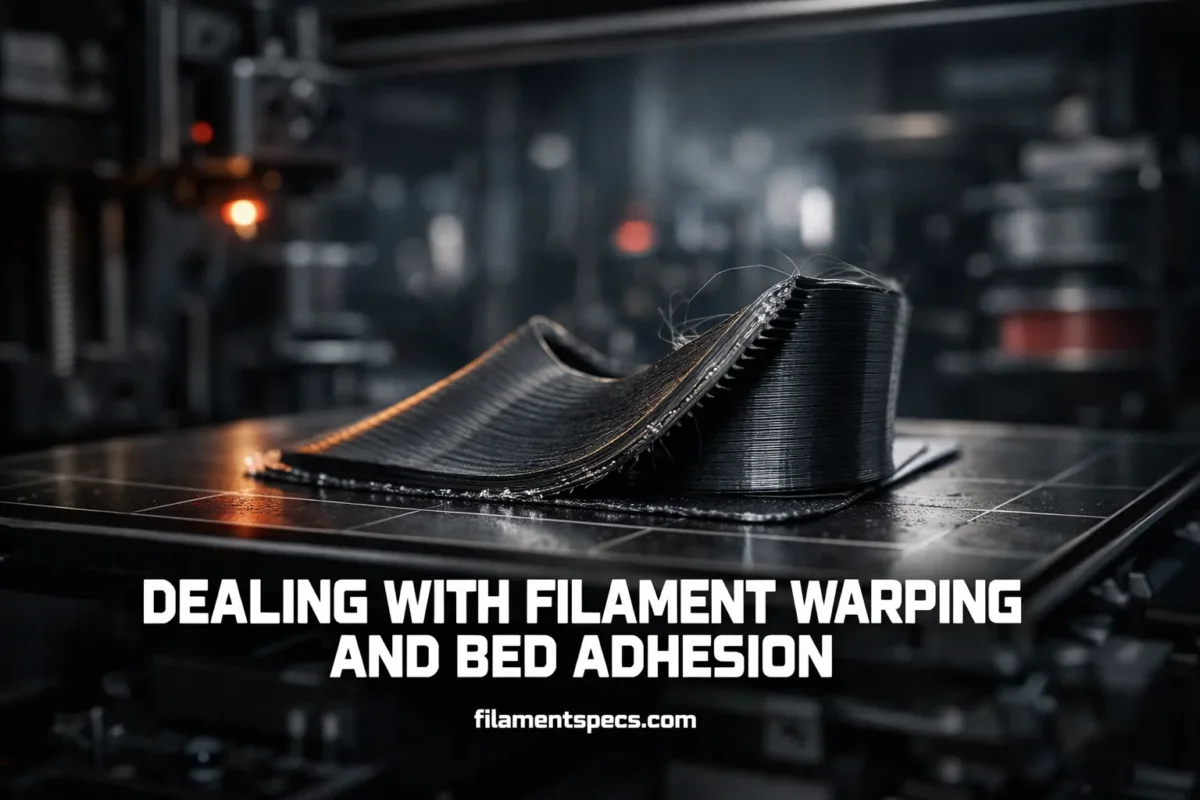 Dealing with filament warping, a spool of black filament resting on a hot bed.