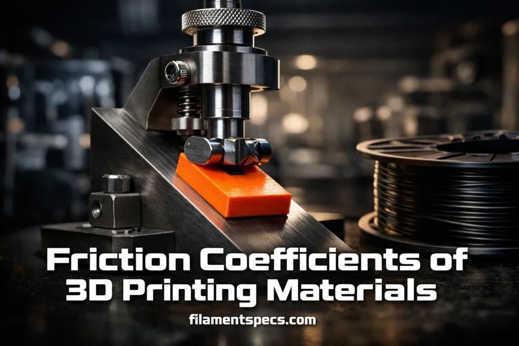 A 3D printer nozzle pressing filament on the heated bed, illustrating filament friction coefficient.