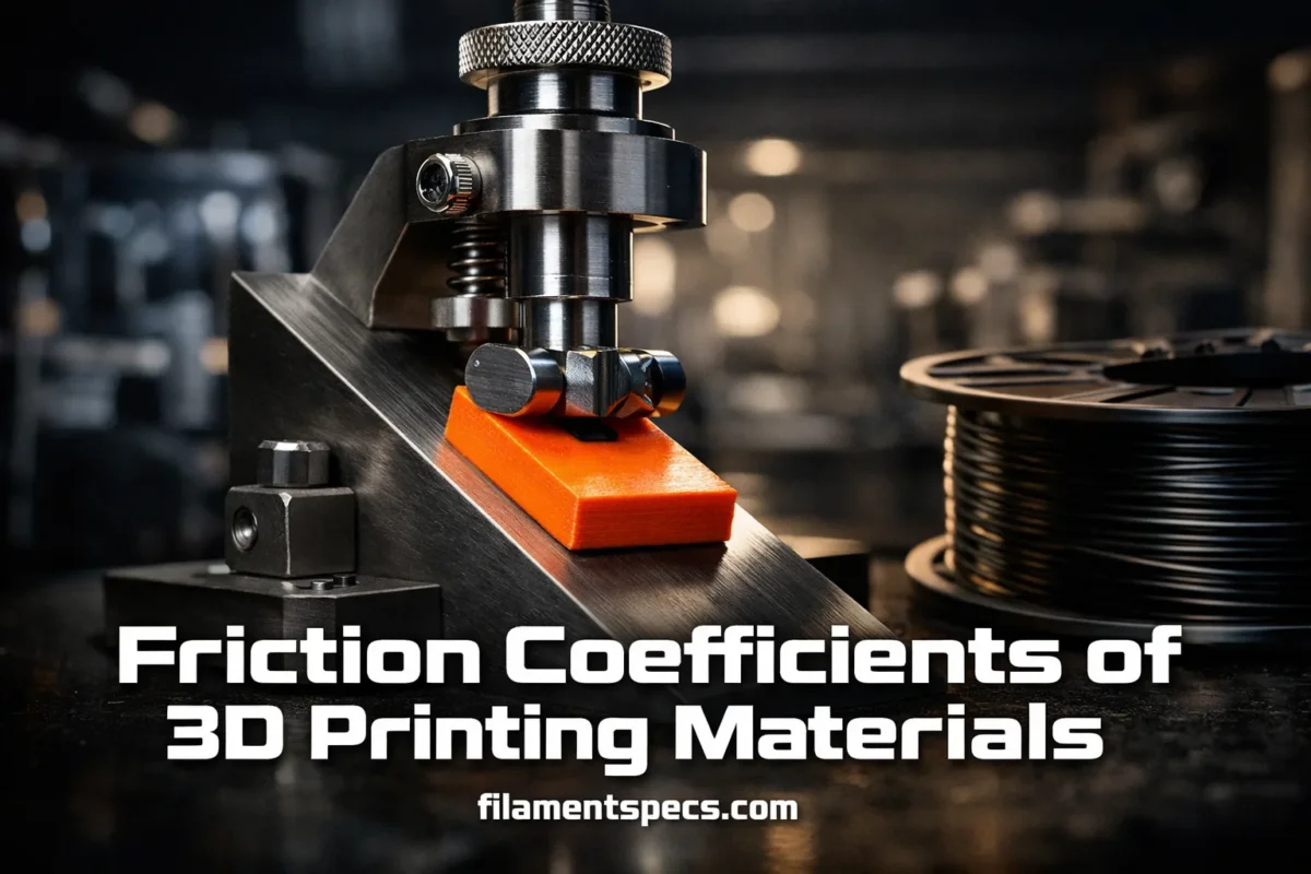A 3D printer nozzle pressing filament on the heated bed, illustrating filament friction coefficient.