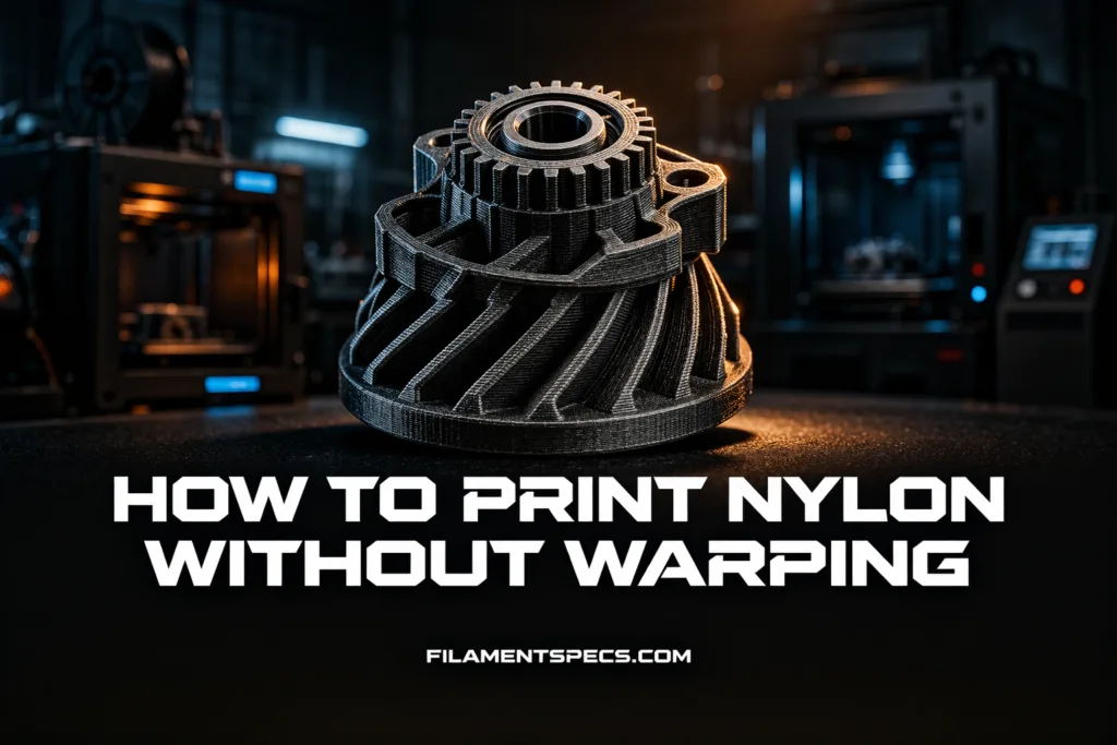 Close-up of a 3D printed nylon part with a sleek black, glossy surface.