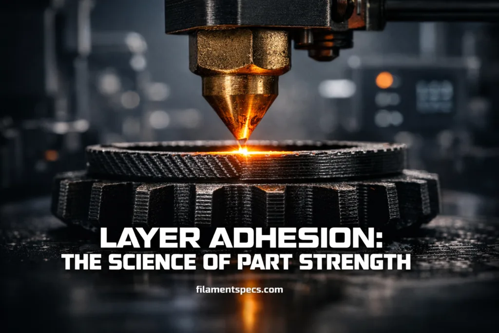 A 3D printer nozzle melts filament onto a black surface, illustrating layer adhesion in 3D printing.