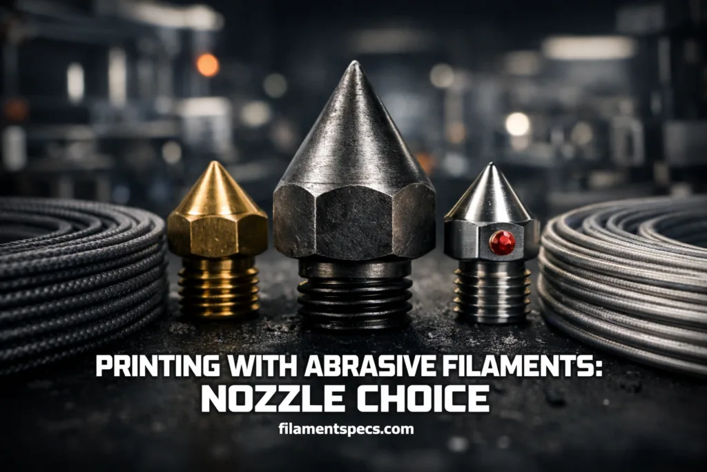 A close-up of different nozzle tips used for printing with abrasive filament on a 3D printer.