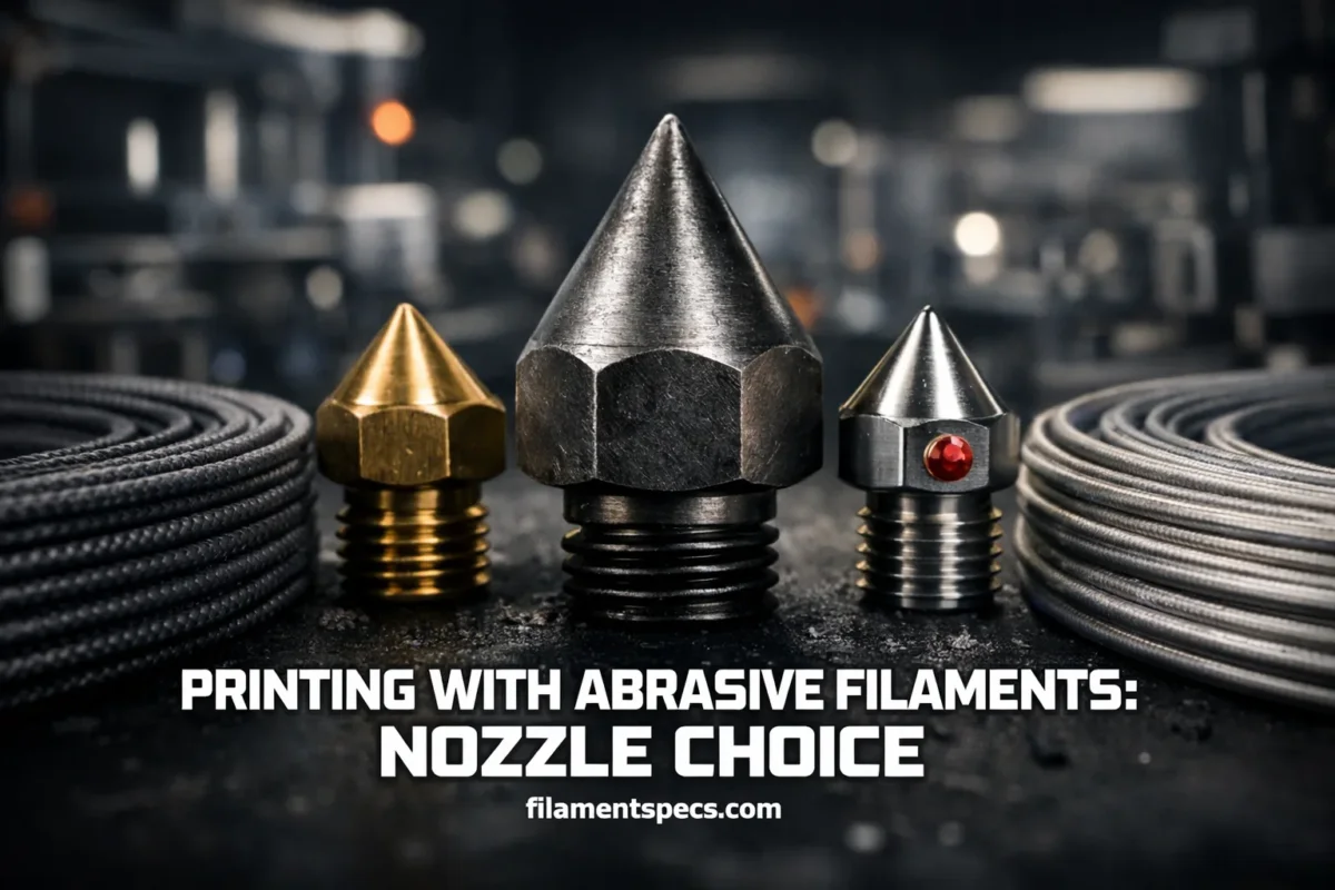 A close-up of different nozzle tips used for printing with abrasive filament on a 3D printer.