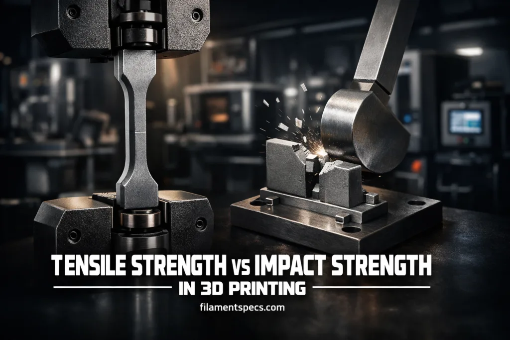 A 3D printer filament test shows a sample being pulled to demonstrate tensile versus impact strength.