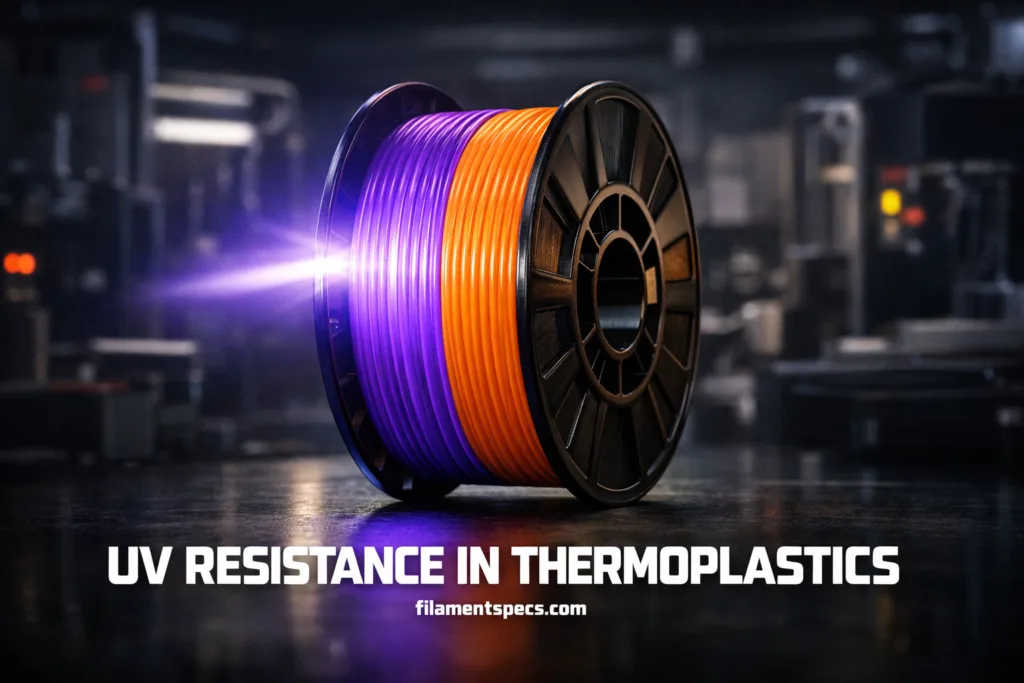 Bright orange and purple thermoplastic filament spool showcases UV resistance in plastics.
