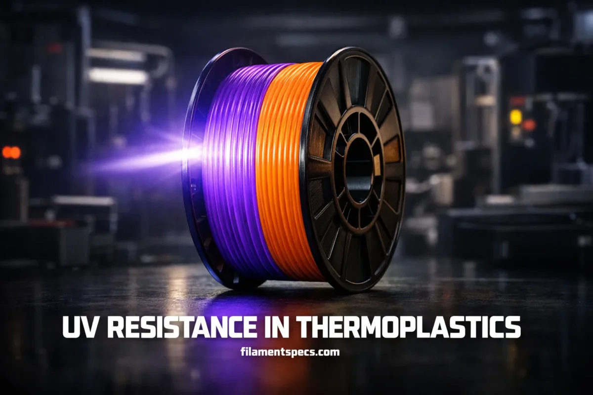 Bright orange and purple thermoplastic filament spool showcases UV resistance in plastics.