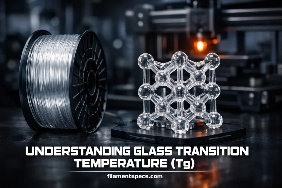 Close-up of a metallic spool and a molecular model illustrating glass transition temperature.