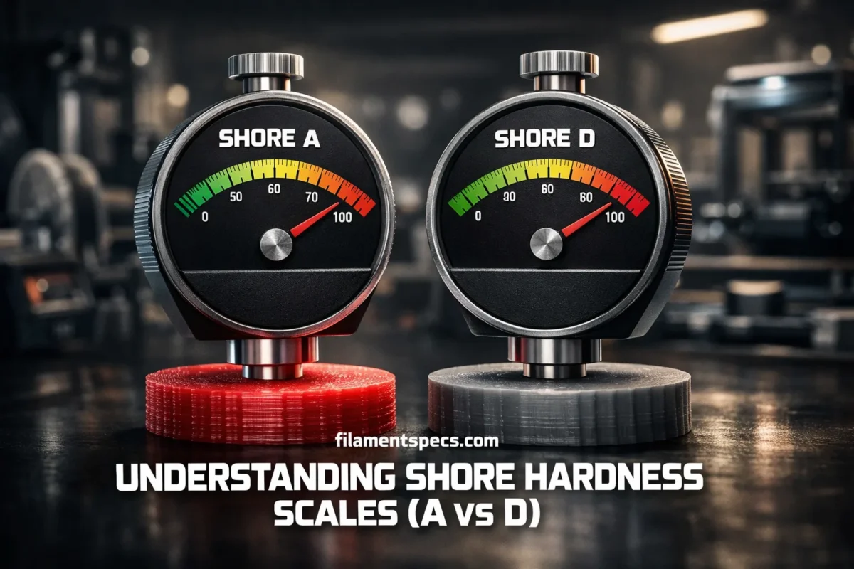 Close-up of Shore A and D hardness meters with a rubber sample in the background.