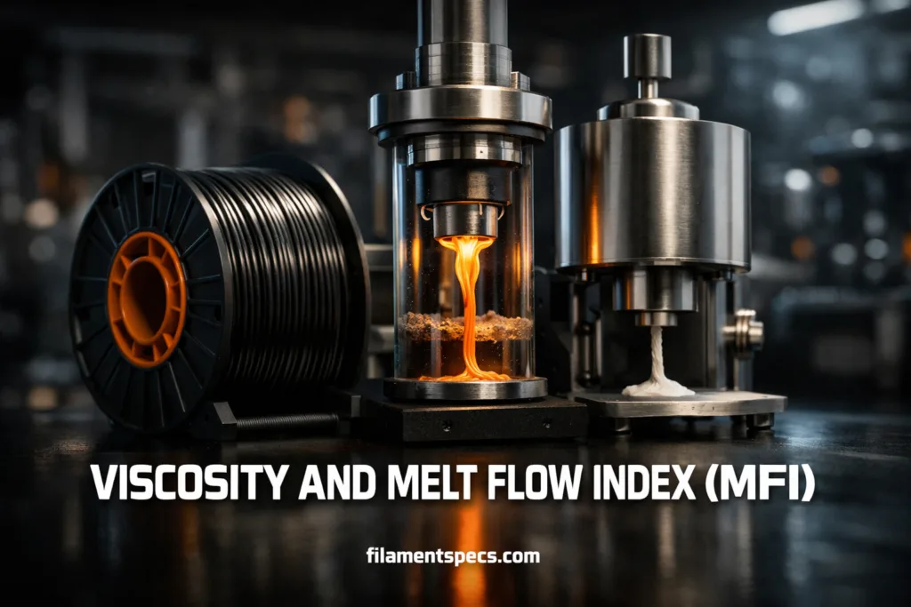 A close-up of a lab instrument measuring melt flow index on a test material.