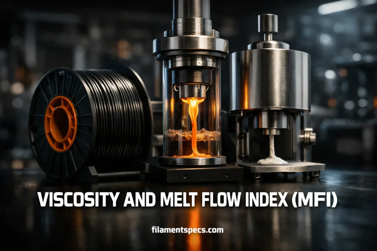 A close-up of a lab instrument measuring melt flow index on a test material.