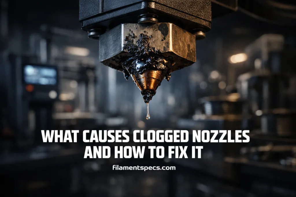 Close-up of a 3D printer nozzle with melted filament causing a clog.