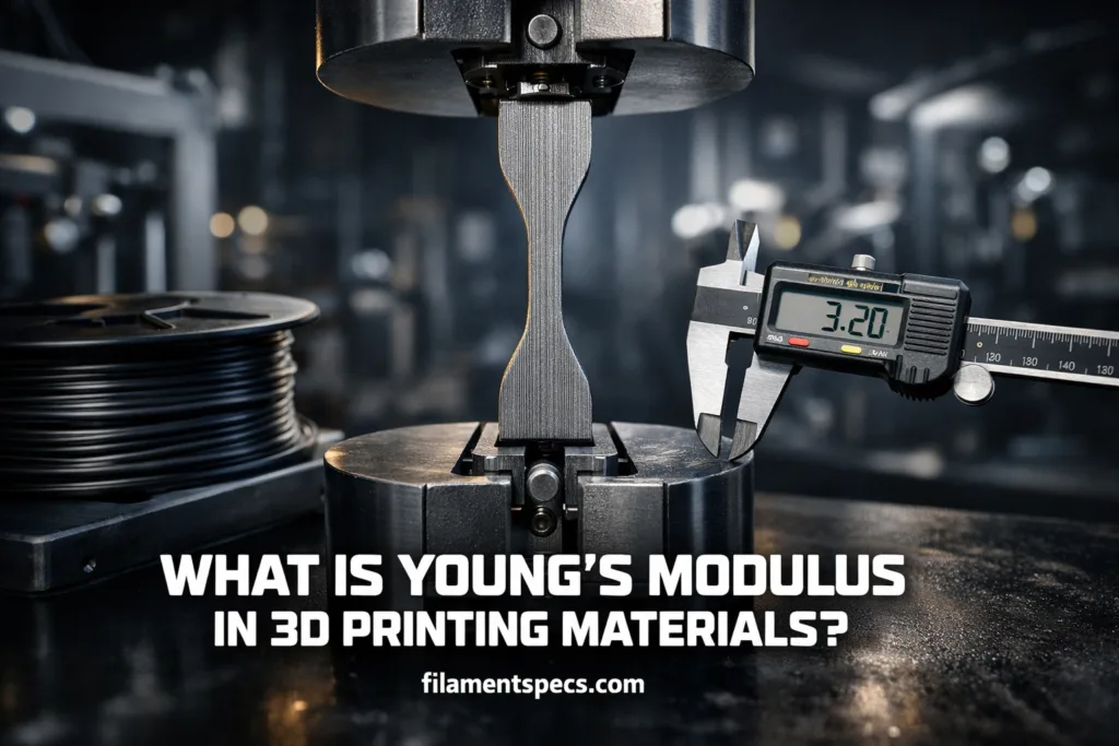 Young's modulus is shown by a metal 3D printed part being tested for stiffness.