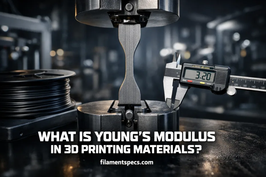 Young's modulus is shown by a metal 3D printed part being tested for stiffness.
