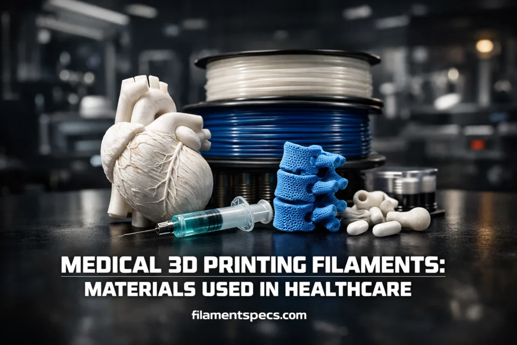 Medical 3D printing filaments with biocompatible and durable materials used in healthcare applications.