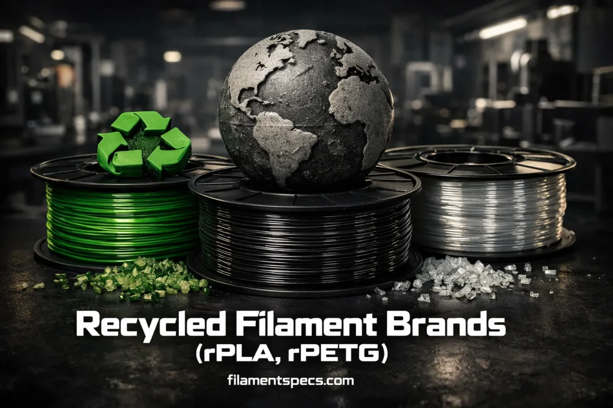 Recycled filament brands like rPLA and rPETG showcase eco-friendly filament options for sustainable 3D printing.