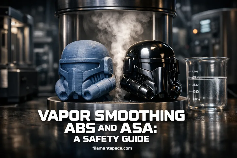 Vapor smoothing ABS and ASA parts with a hooded helmet nearby in a workshop.
