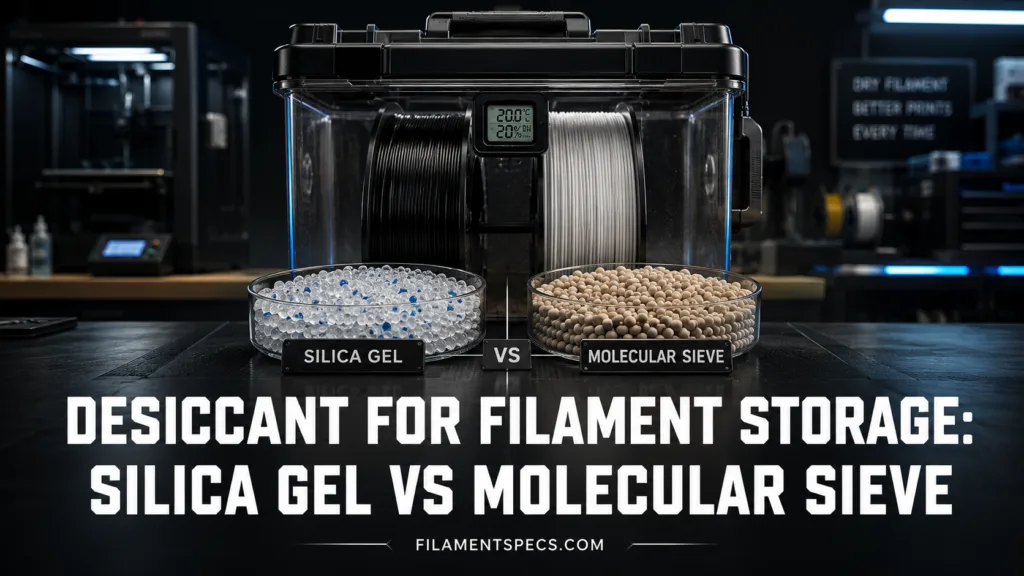 Filament storage with desiccants showing silica gel versus molecular sieve for moisture control.