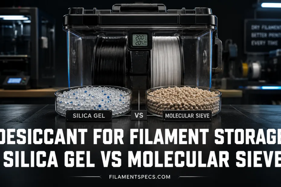 Filament storage with desiccants showing silica gel versus molecular sieve for moisture control.