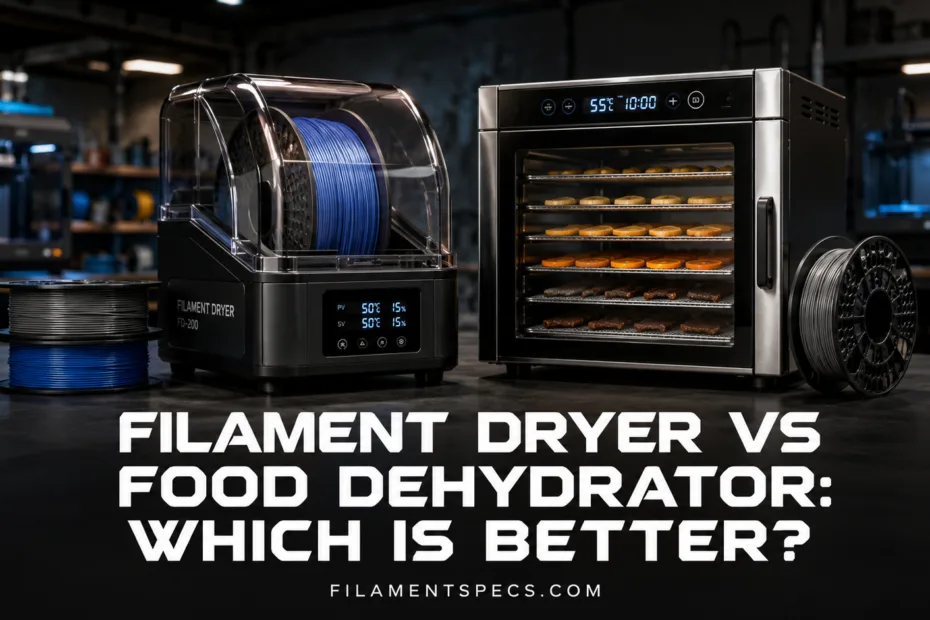 Comparison between filament dryer and food dehydrator showing their differences, helping you choose the best for your needs.