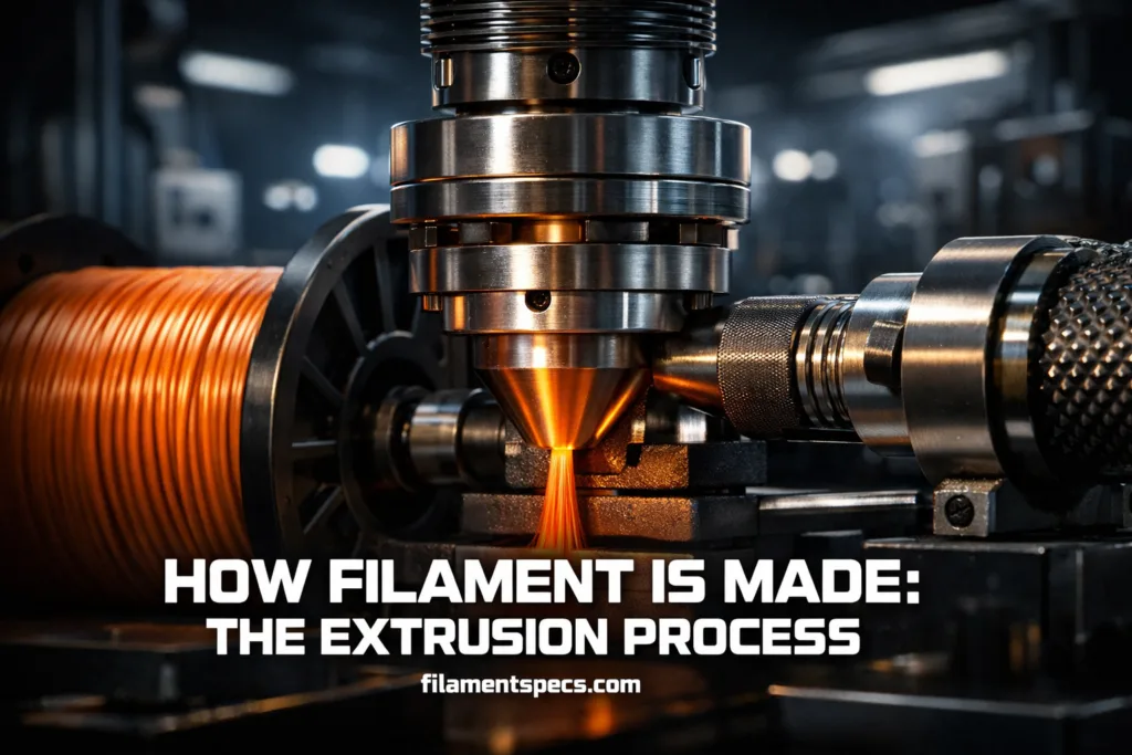 Step-by-step view of how filament is made through the extrusion process for 3D printing filaments.