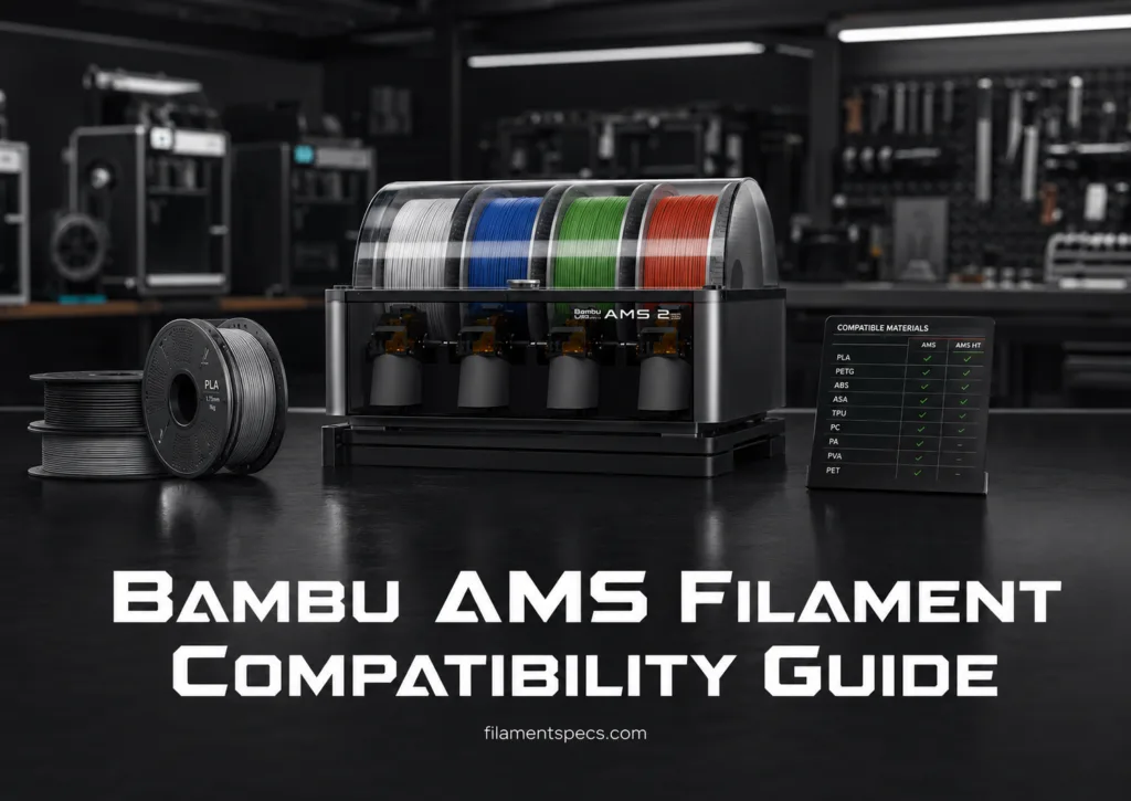 Bambu AMS filament compatibility guide showing various filament spools ready for 3D printing.