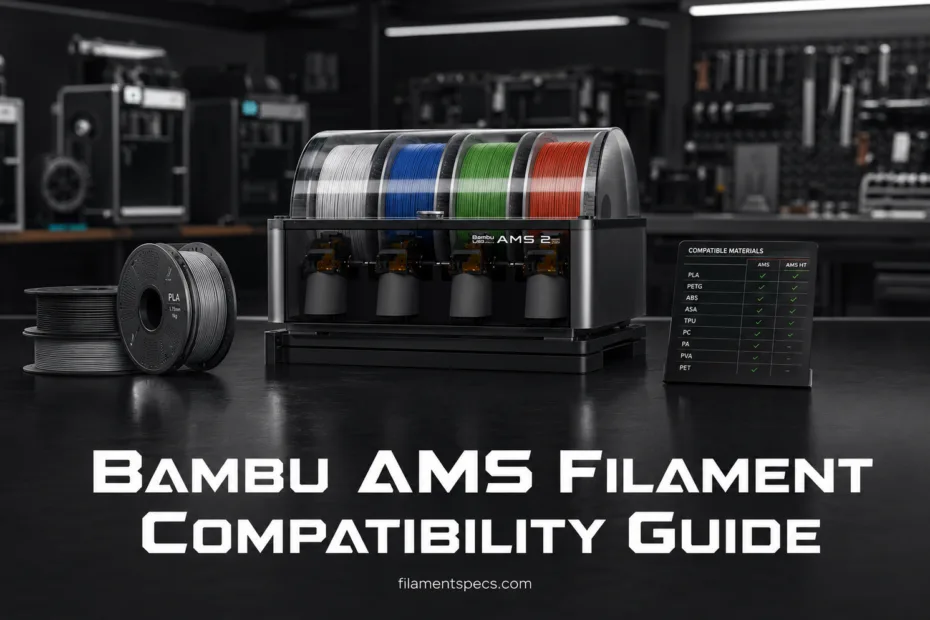 Bambu AMS filament compatibility guide showing various filament spools ready for 3D printing.