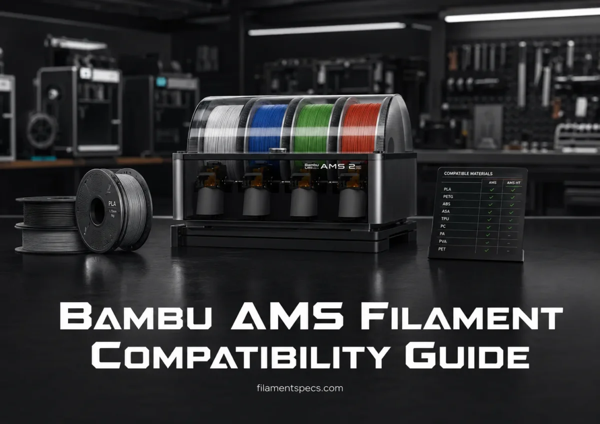 Bambu AMS filament compatibility guide showing various filament spools ready for 3D printing.