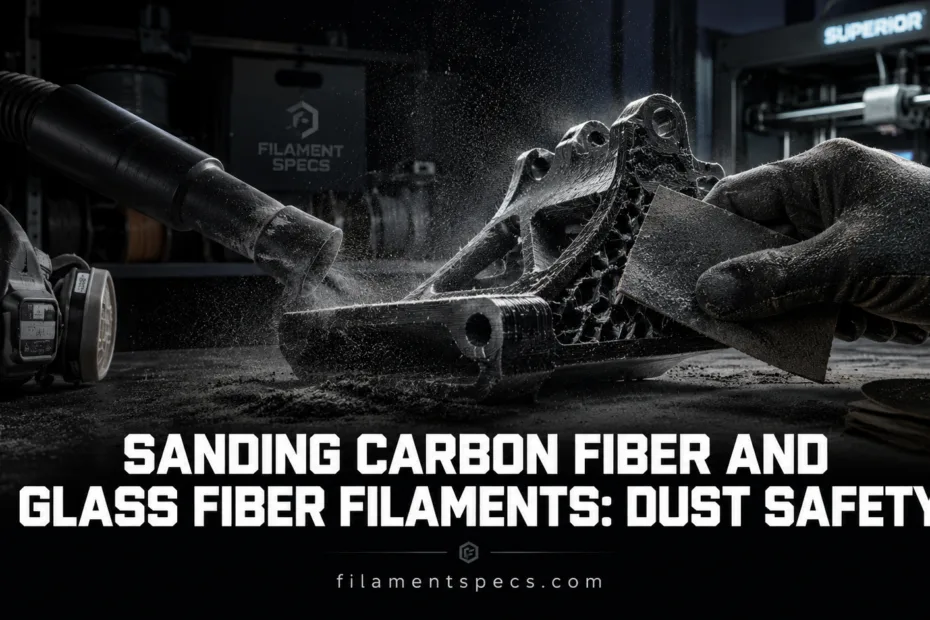Sanding carbon fiber and glass fiber filaments creates dust that requires proper safety measures for health protection.