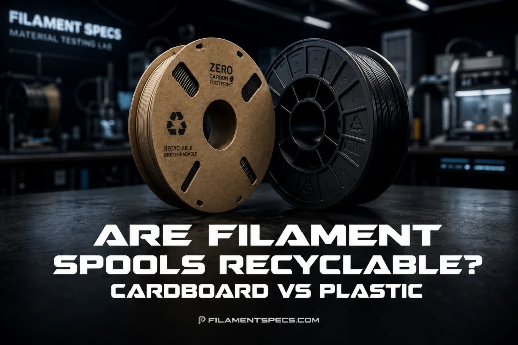 Comparison of cardboard and plastic filament spools to show whether they are recyclable.
