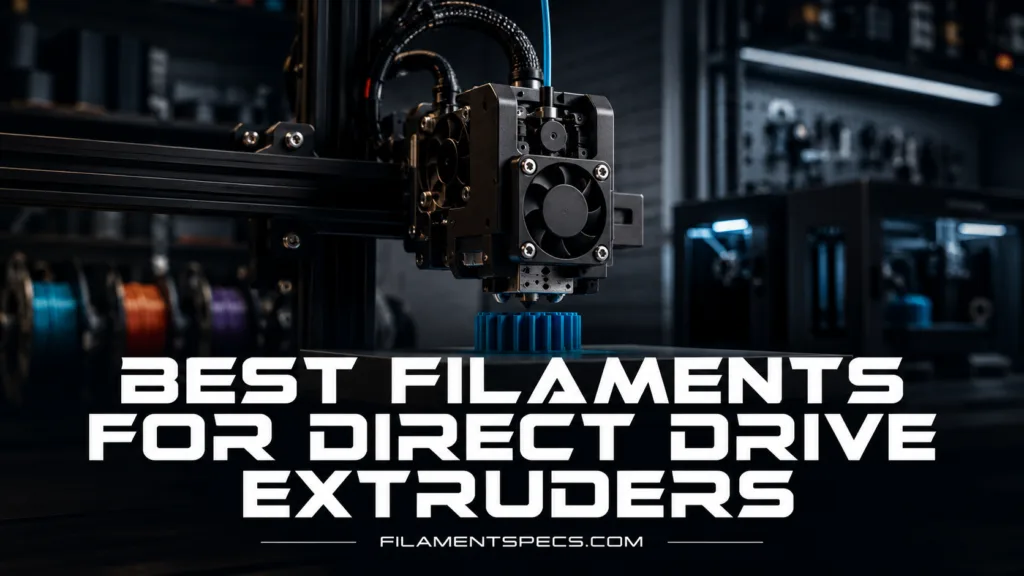 Best filaments for direct drive extruders showing a close-up of 3D printer filament spools in a modern workshop.