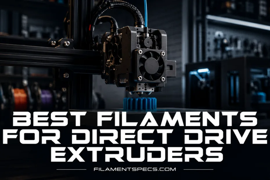 Best filaments for direct drive extruders showing a close-up of 3D printer filament spools in a modern workshop.