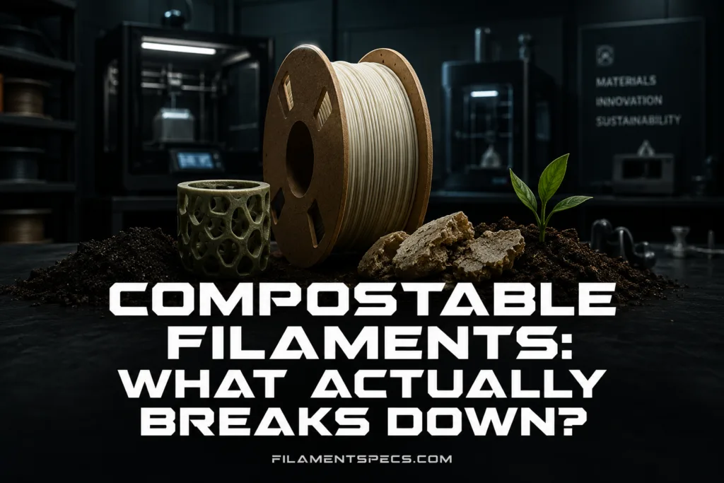 Different types of compostable filaments and their decomposition processes in eco-friendly 3D printing.