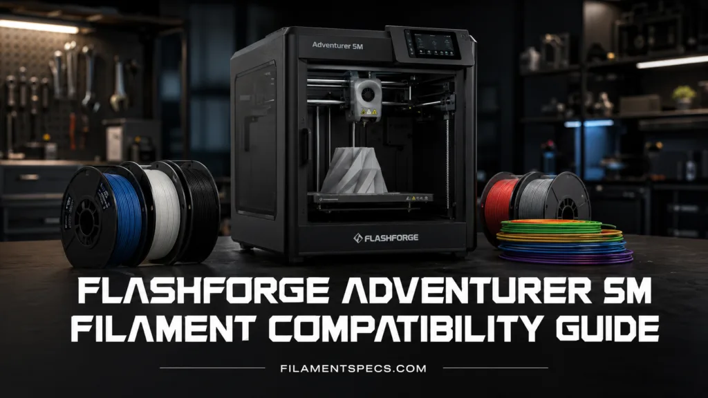 Flashforge Adventurer 5M 3D printer with filament spool and tools, illustrating filament compatibility for successful printin…