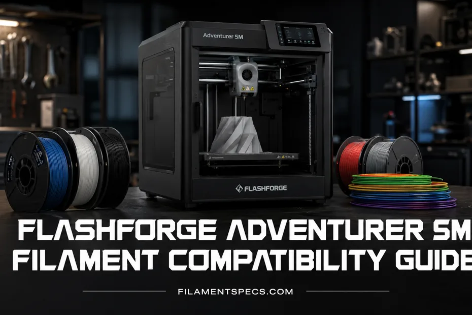 Flashforge Adventurer 5M 3D printer with filament spool and tools, illustrating filament compatibility for successful printin…