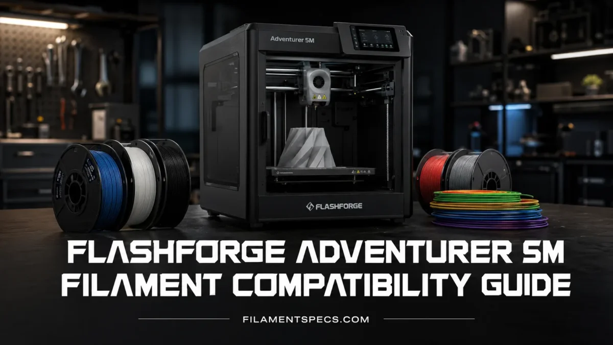 Flashforge Adventurer 5M 3D printer with filament spool and tools, illustrating filament compatibility for successful printin…