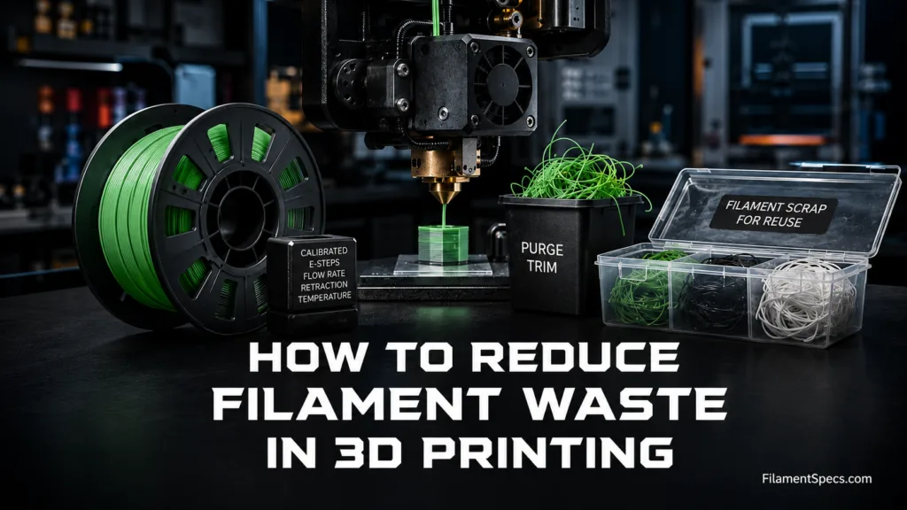 3D printer nozzle and filament spool illustrating how to reduce filament waste in 3D printing.